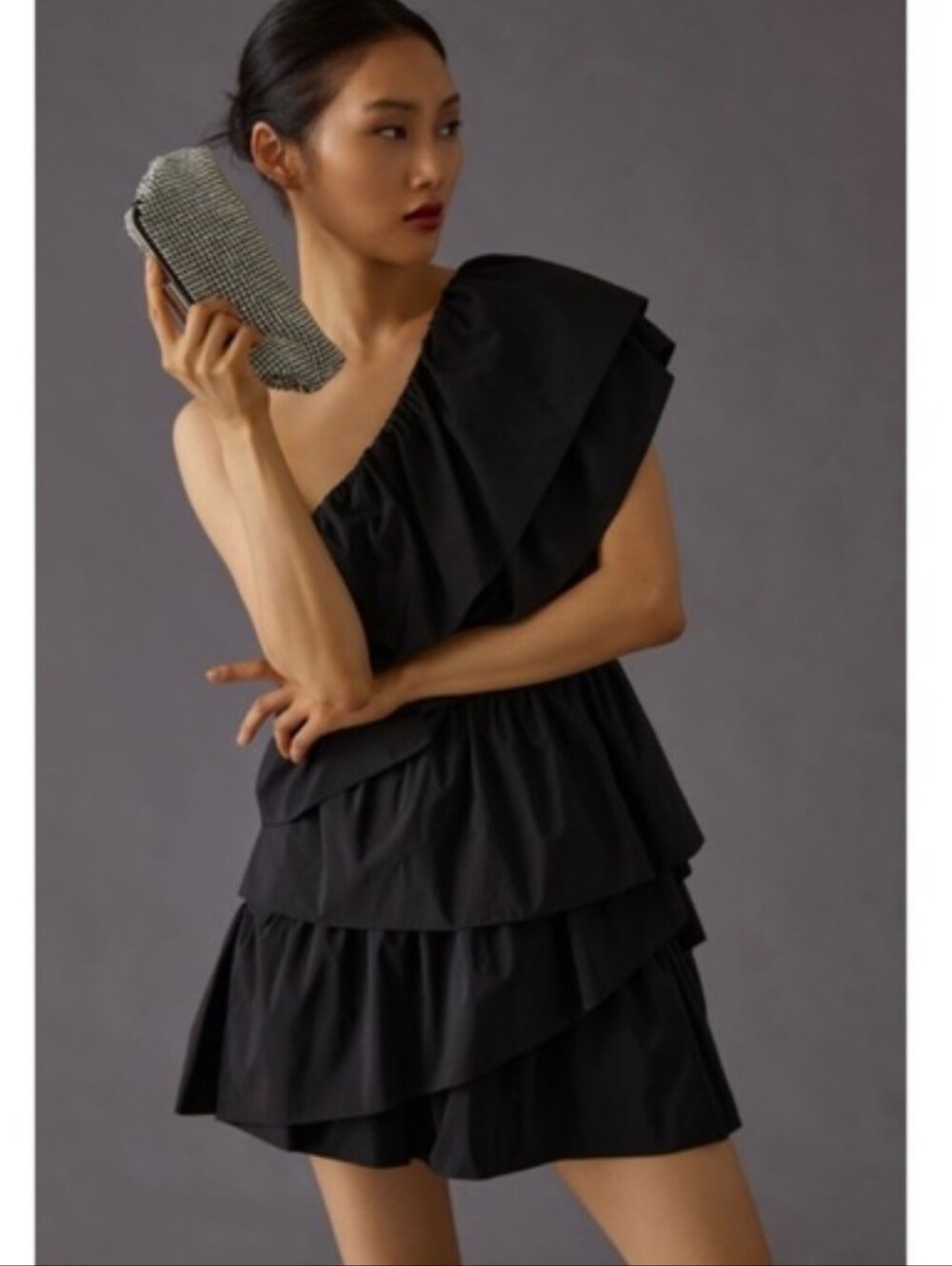NWT Anthropologie Endless Rose Tiered One Shoulder Mini Dress Large Black